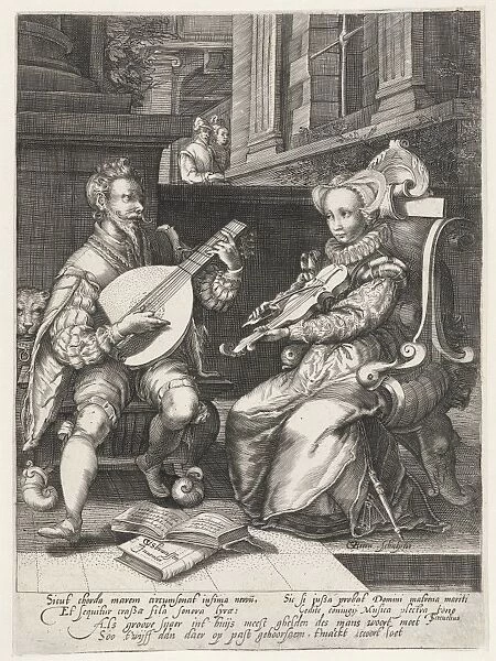Allegory of marriage, print maker: Gillis van Breen, Cornelis Cussens, Theodorus Schrevelius
