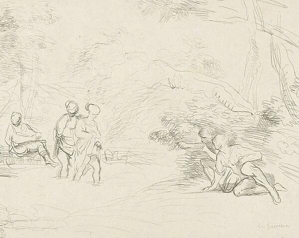 Bathing women by men spied, print maker: Charles Joseph Emmanuel de Ligne, Guercino