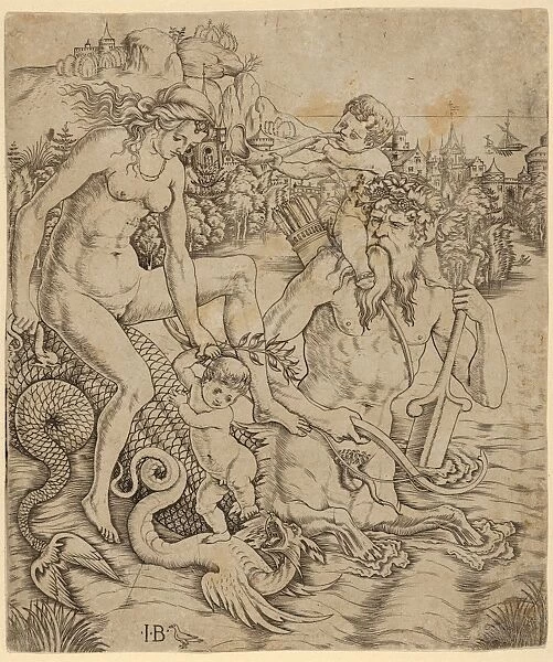 Drawings Prints, Print, triton family sea, mother, child, seated, back, half-man