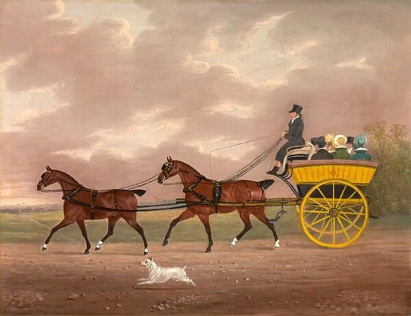 A Gentleman Driving Tandem to a Jaunting Car Going to Church: a coach and four driving