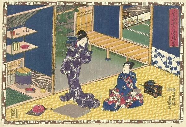 Man sitting with bowl in hand, looking at woman in purple kimono standing in closet
