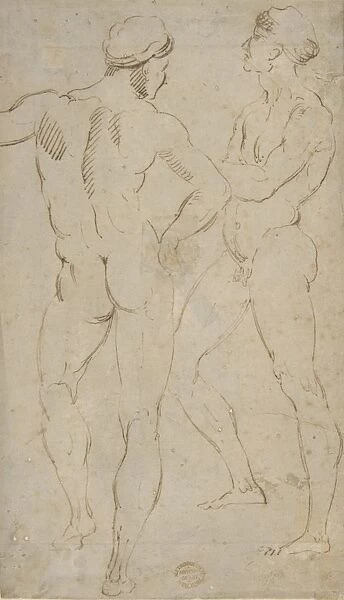 Two nude figures 16th century Pen brown ink 8-7  /  8 x 5-1  /  8
