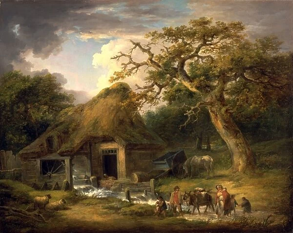 The Old Water Mill Rustic Family Passing a Watermill Signed and dated in brown paint