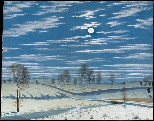 Winter Scene Moonlight 1869 Watercolor gouache