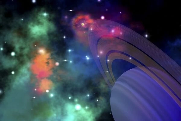 Colorful nebula near a ringed planet