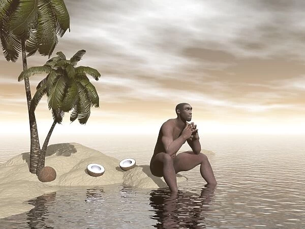 Male Homo Erectus sitting alone on a beach island next to coconuts