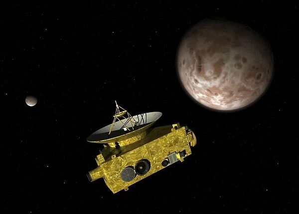 New Horizons spacecraft over dwarf planet Pluto and its moon Charon