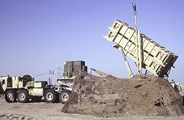 A U. S. Army Patriot surface-to-air M901 missile launcher in Kuwait