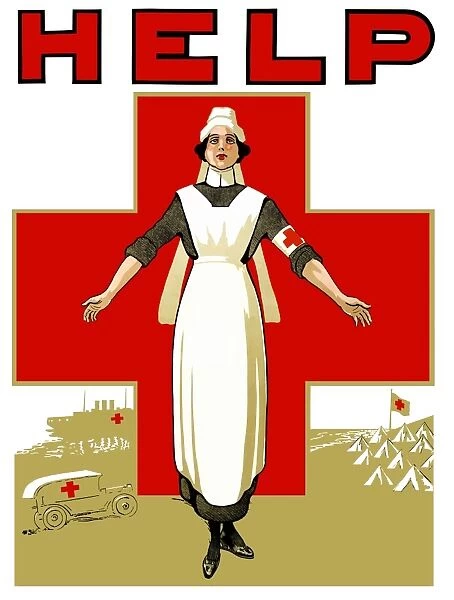 Vintage World War One poster of a Red Cross nurse holding out her arms
