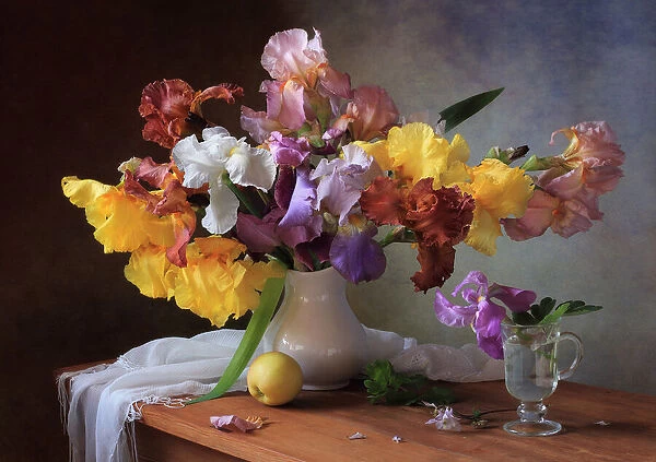 Still life with a bouquet of irises