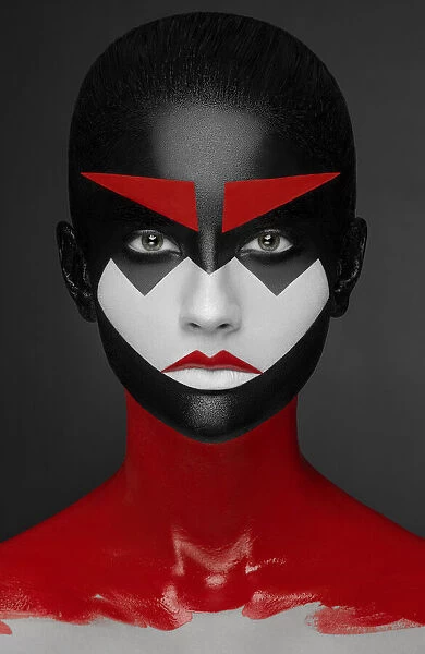 Samurai. Red black white Art Makeup Beauty Girl in studio. Alex Malikov