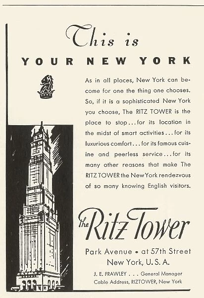 Advertisement for the Ritz Tower Hotel in New York, 1934. Creator: Unknown