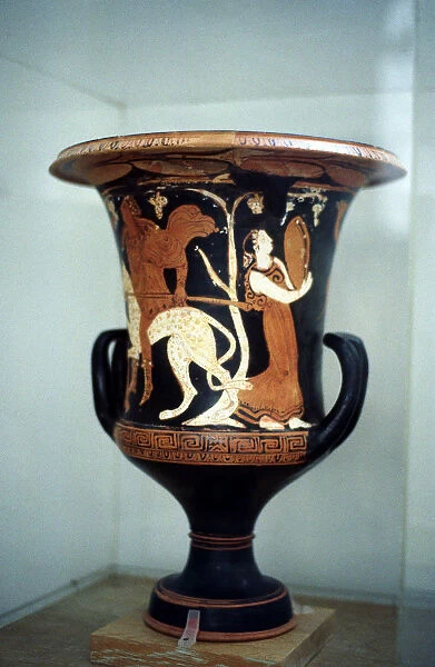 Ancient Greek vase with red figure decoration, including a female dancer, 5th century BC