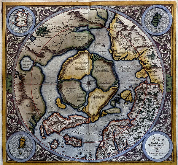 Atlas of Gerardus Mercator, 1595, map of the Arctic to the North Pole and surrounding