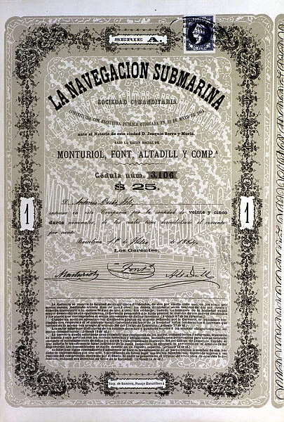 Document of 25 duros (Spanish coin) of the A Series of society La Navegacion Submarina