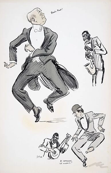 Gentleman in white tie and gentleman in bowler hat try out dancing to jazz…