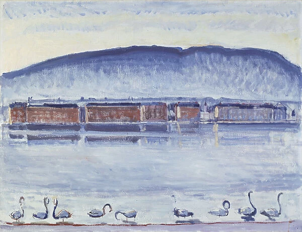 Lake Geneva with Mont Saleve and Swans. Artist: Hodler, Ferdinand (1853-1918)
