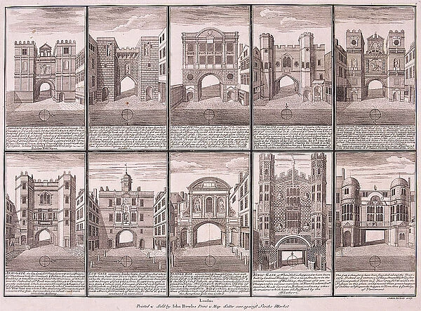 Londons ten City Gates, 1720. Artist: Sutton Nicholls