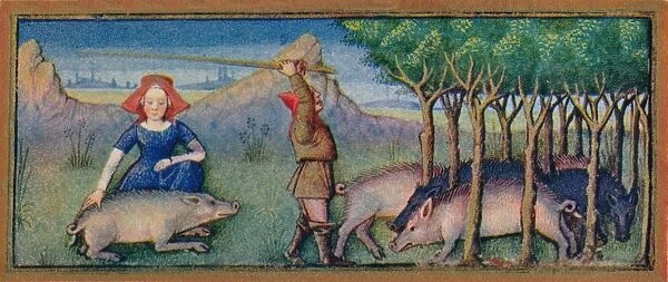 October - feeding pigs on acorns, 15th century, (1939). Creator: Robinet Testard