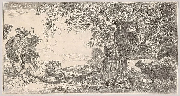 Pan reclining at left with two standing satyrs, a large vase on a pedestal at right, ca