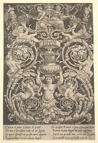 A panel of ornament with a woman holding a vase in centre, 1532
