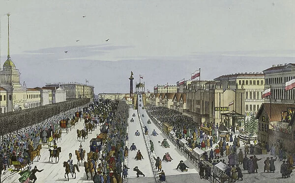 Public merry-making on the Admiralty Square in Saint Petersburg, First half of the 19th cent Artist: Beggrov, Karl Petrovich (1799-1875)