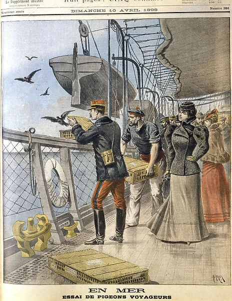Releasing French army homing pigeons on board the transatlantic liner La Bretagne, 1898