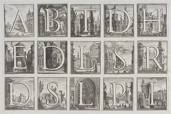 Roman alphabet against architectural backgrounds, from G. P