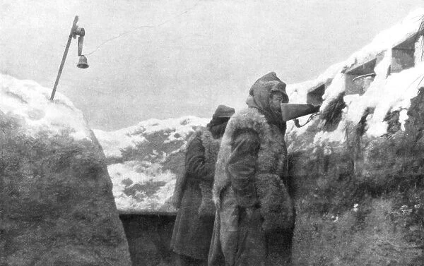 Sentries in a trench looking out over no-man s-land, Pas-de-Calais, France, winter, 1915