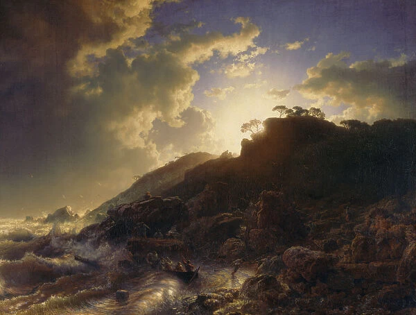 Sunset after a Storm on the Coast of Sicily, 1853. Creator: Andreas Achenbach