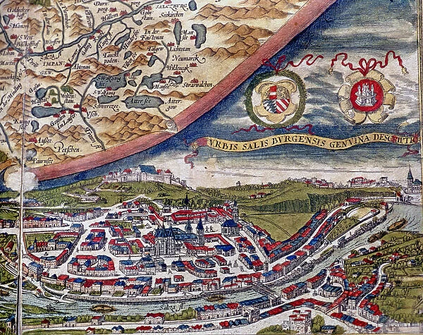 Theatrum Orbis Terrarum by Abraham Ortelius, Antwerp, 1574, map of Salzburg and view of the city