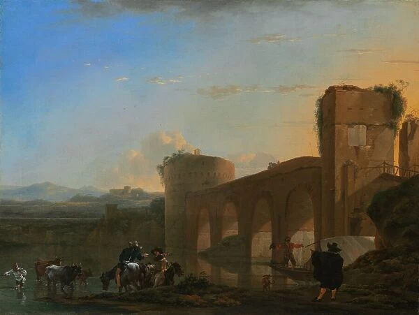 The Tiber River with the Ponte Molle at Sunset, c. 1650. Creator: Jan Asselijin