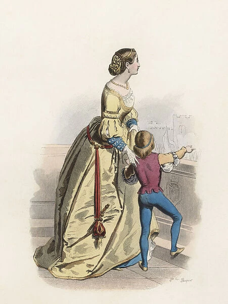 Venetian young woman and child in the Modern Age, color engraving 1870