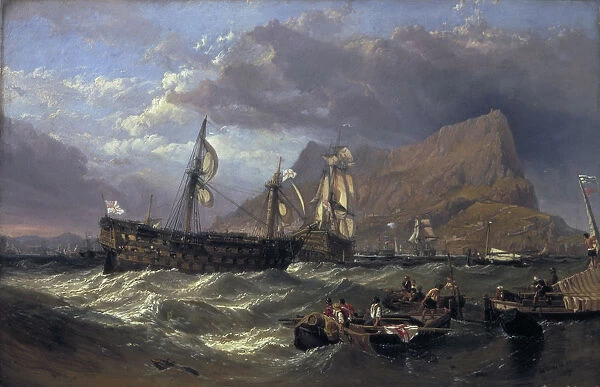 The Victory towed into Gibraltar, 1854. Artist: Clarkson Stanfield