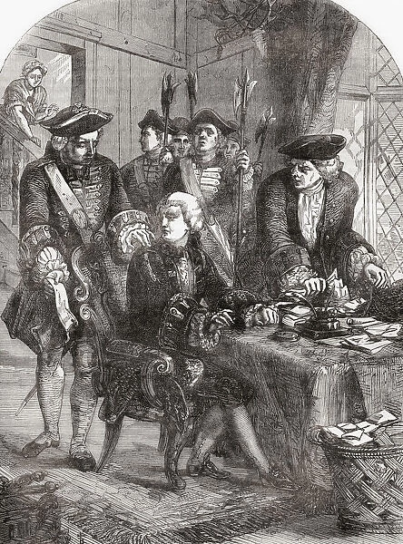 The arrest of Sir William Wyndham, 1715. Sir William Wyndham, 3rd Baronet, c. 1688 - 1740 of Orchard Wyndham in Somerset. English Tory politician and leader of the Jacobites, he was involved in a plan to invade England and place the Old Pretender on the throne during the Jacobite restoration on the death of Queen Anne. From Cassells Illustrated History of England, published c. 1890