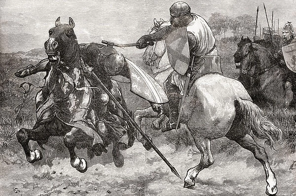 The death of Sir Henry de Bohun, killed by Robert the Bruce during the Battle of Bannockburn, 1314. From La Ilustracion Iberica, published 1884
