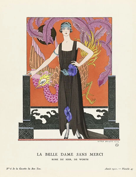 EDITORIAL La Belle Dame Sans Merci. A Beautiful, Merciless Woman. Robe du Soir, de Worth. Evening dress by Worth. Art-deco fashion illustration by French artist George Barbier, 1882-1932. The work was created for the Gazette du Bon Ton, a Parisian fashion magazine published between 1912-1915 and 1919-1925