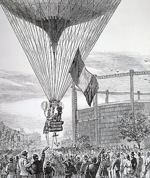 Engraving depicting the making of a balloons ascent from the Villette gas works in Paris