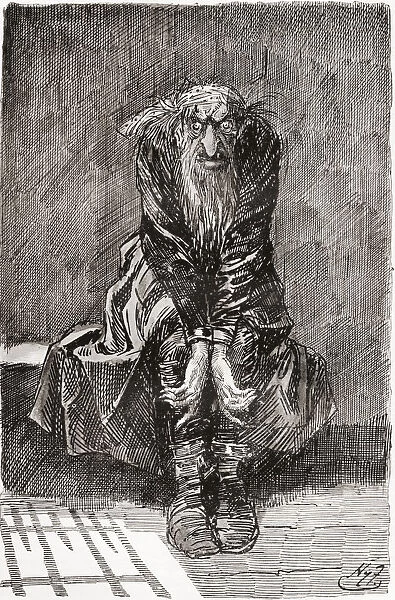 Fagin In The Condemned Cell. 'He Sat Down On A Stone Bench Opposite The Door, Which Served For A Seat And Bedstead, And Casting His Bloodshot Eyes Upon The Grond, Tried To Collect His Thoughts. 'Illustration By Harry Furniss For The Charles Dickens Novel Oliver Twist, From The Testimonial Edition, Published 1910