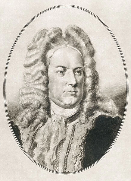 George Frideric or Frederick Handel, 1685 - 1759. German, later British, Baroque composer. Illustration by Gordon Ross, American artist and illustrator (1873-1946), from Living Biographies of Great Composers