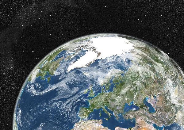 Globe Showing Europe, True Colour Satellite Image Of The Earth Showing Greenland, North Pole, Europe