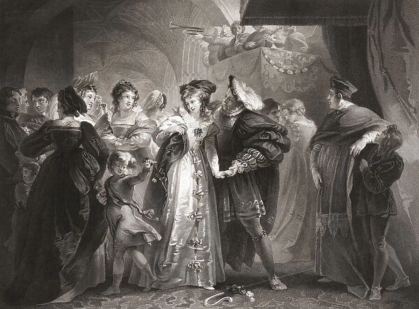 King Henry VIII of England meets Anne Boleyn. After an engraving by Isaac Taylor from a painting by Thomas Stothard illustrating Shakespeares play King Henry VIII, Act I, Scene IV