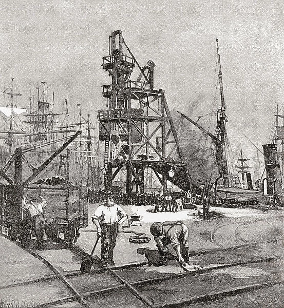 Loading coal in Cardiff Docks, Wales, 19th century. From Welsh Pictures, published 1880