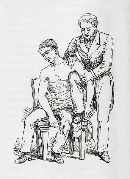Method of reducing dislocation of the shoulder with knee in armpit. From The Household Physician, published c. 1898