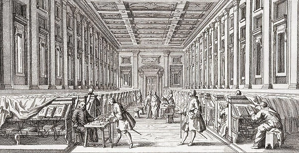 The reading room of the 16th century Laurentian Library, the Biblioteca Medicea Laurenziana, Florence, Italy, in the late 18th century. The library was built and stocked by the Medici family to emphasize their rise from being simple merchants to patrons of the arts and church. After an engraaving by Francesco Bartolozzi
