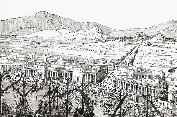 Reconstruction of the long walls connecting Athens to its port at Piraeus in ancient Greece. From Cassells Universal History, published 1888