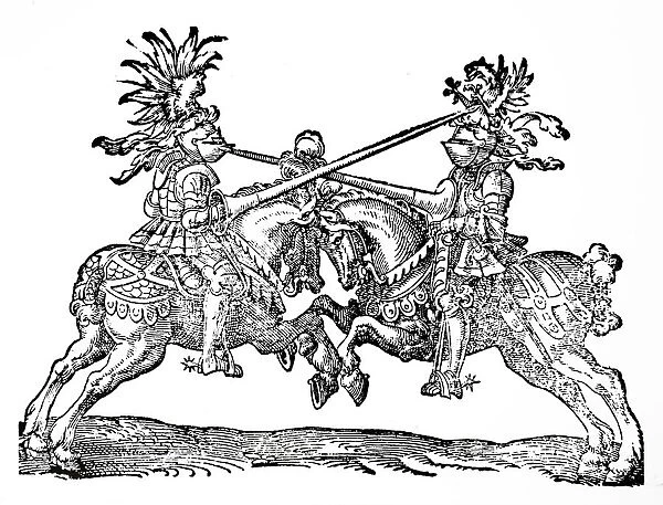Woodcut print depicting knights jousting