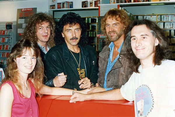 British heavy metal group Black Sabbath visit the Our Price record store in Manchester to