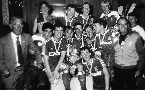 Liverpool Youth team celebrate winning the Northern Ireland Milk Cup trophy in 1988