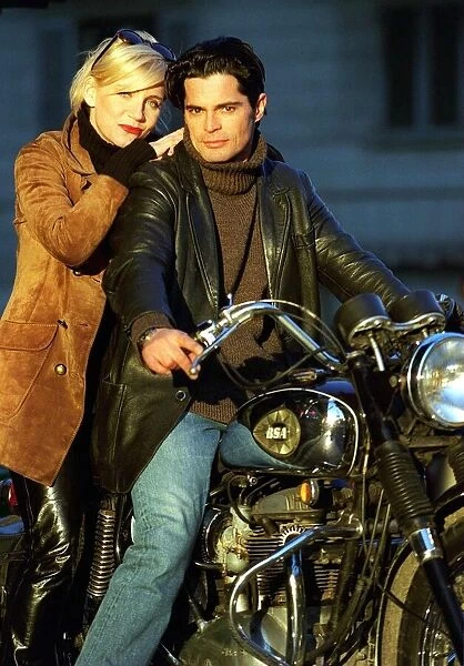Michelle Collins Actress with boyfriend Fabrizio Tassillini on a Motorcycle